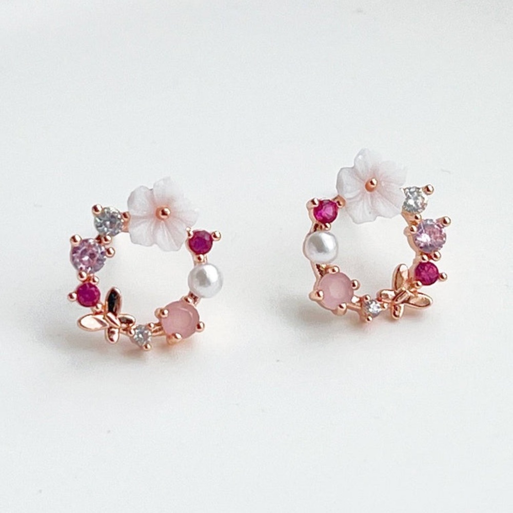 925 Rose Gold Wreath Pink Diamanté White Flower Butterfly Stud Earrings - Picture 1 of 5